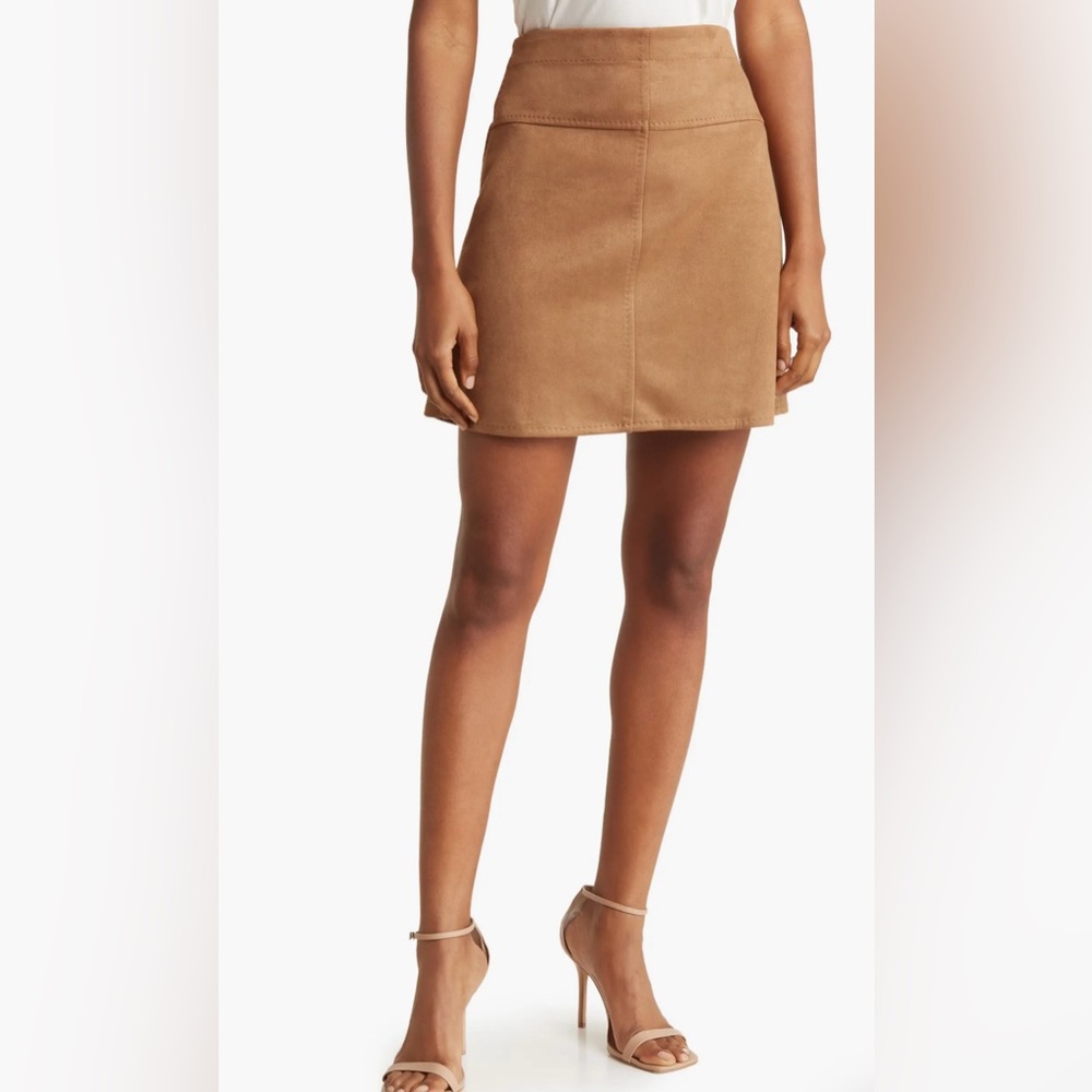 MAX STUDIO Vegan Washable Faux Suede A-Line Mini Skirt Camel Brown